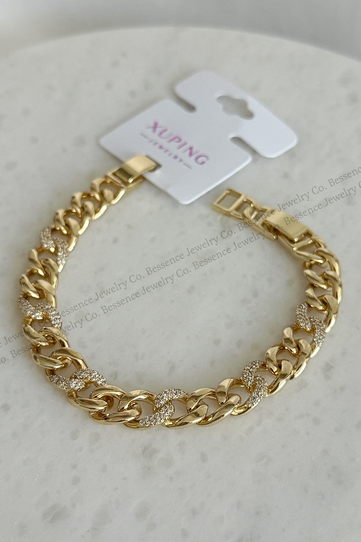Xuping Kalın Halka Zirkon Taşlı 14K Gold Çelik Bileklik - görsel 3